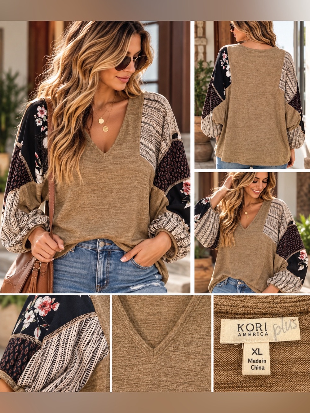 Kori America XL Boho Mixed Print Floral Patchwork Balloon Sleeve Top